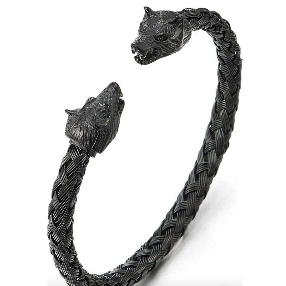 Mens bracelet Wolf Head Steel Braided Cable Bangle Cuff Bracelet Polished